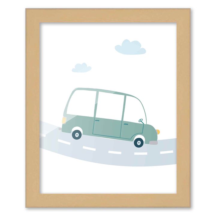 8x10 Framed Nursery Wall Art Hand Drawn Green Van Poster in Natural Wood Frames For Kid Bedroom or Playroom