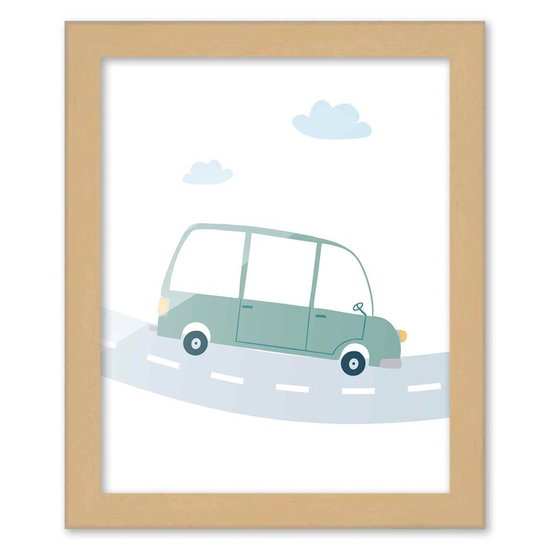 8x10 Framed Nursery Wall Art Hand Drawn Green Van Poster in Natural Wood Frames For Kid Bedroom or Playroom