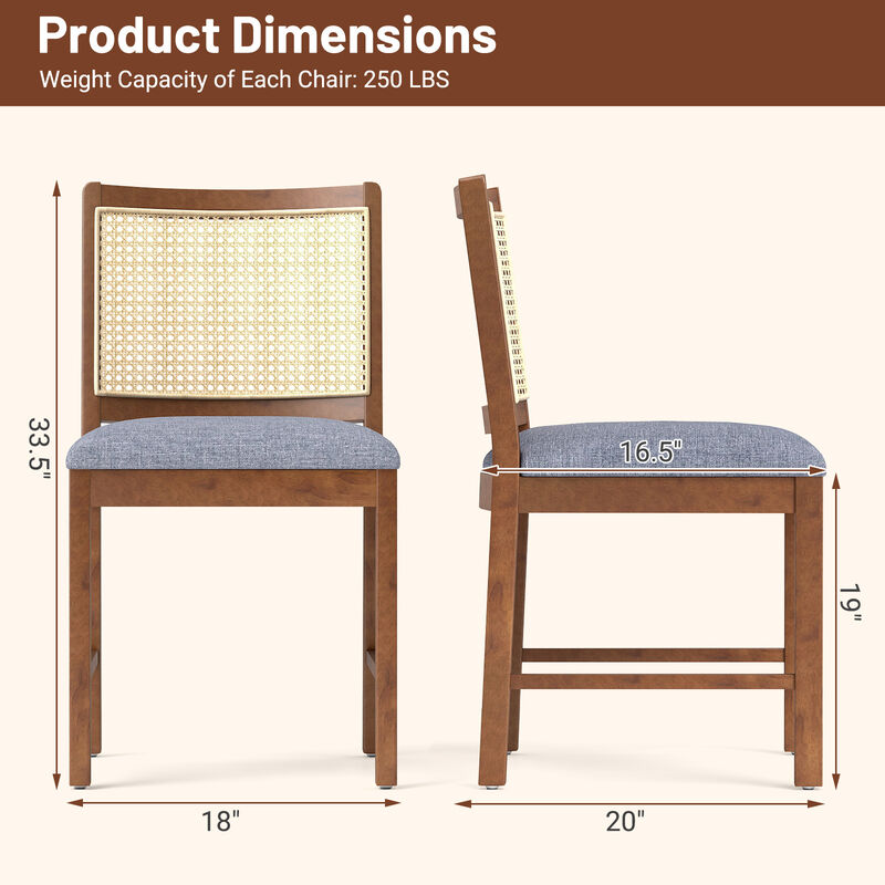 Rattan Dining Chair Set of 2 with Rubber Wood Frame and Linen Fabric Padded Seat