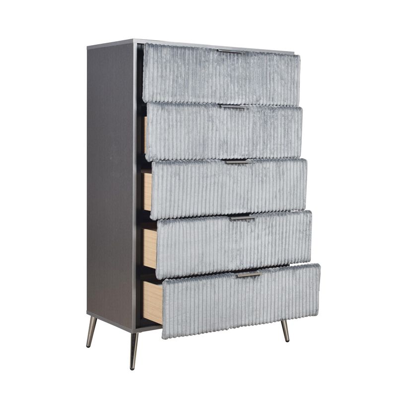 Benjara, Gray, Nickel Moko 51 Inch Tall Dresser, 5 Fabirc Upholstered Drawers