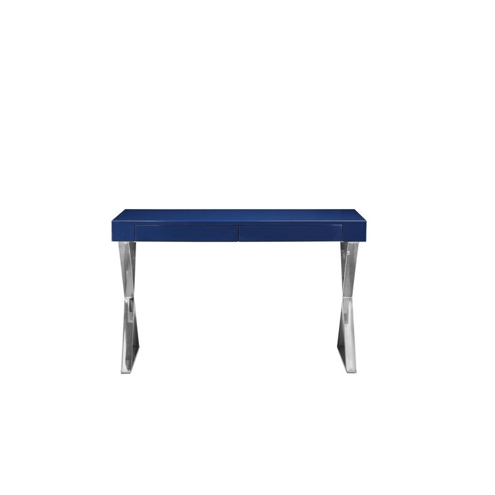 Rix 47 Inch Office Desk, Navy Wood Top, 2 Drawers, X Polished Steel Legs - Benzara