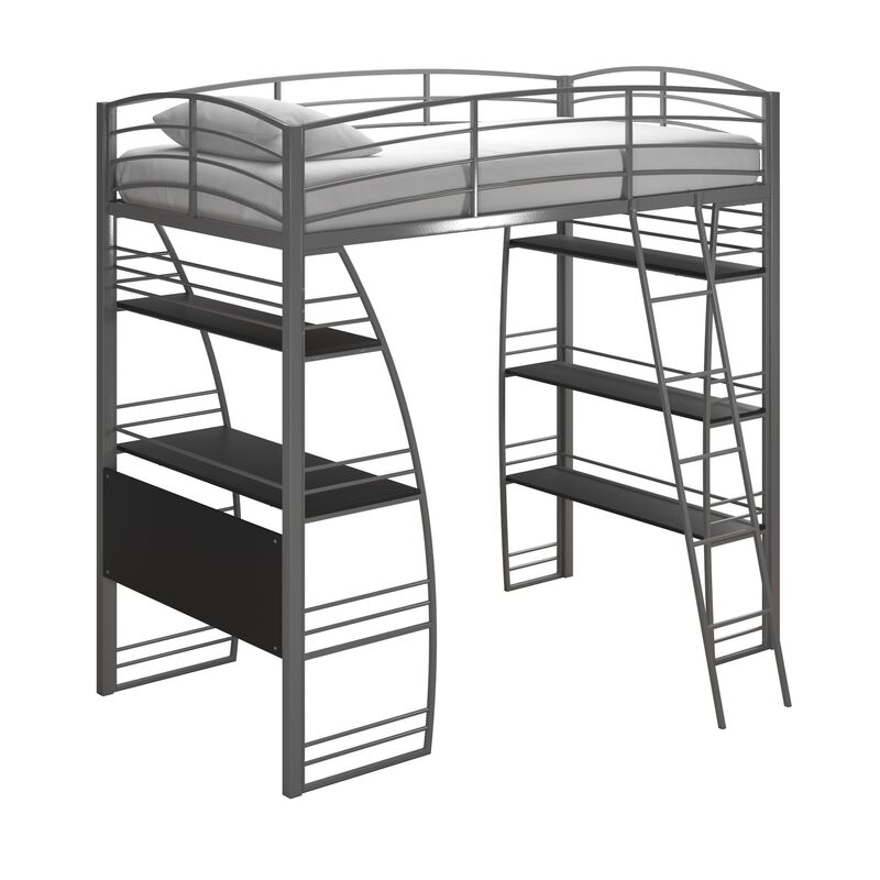 Atwater Living Lynn Modern Twin Loft Bed with Display Shelves and Desk