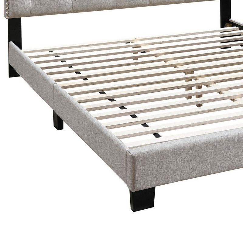 Queen Bed with Button Tufted Scalloped Headboard, Light Brown-Benzara