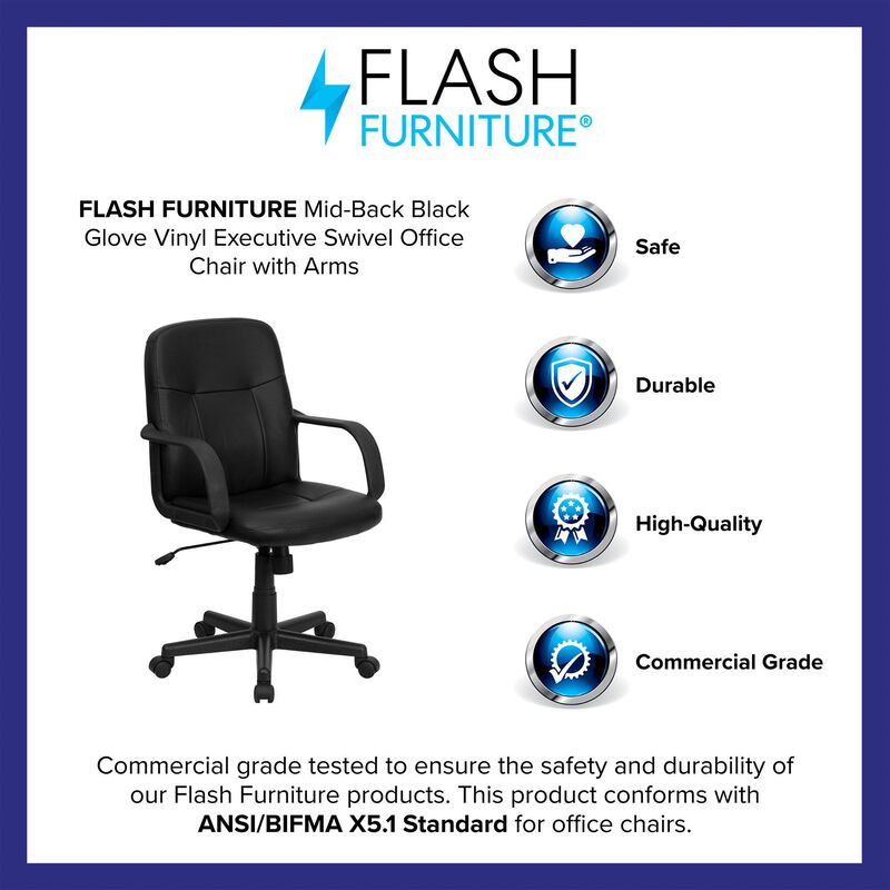 Paulson Mid-Back Black Glove Vinyl Executive Swivel Office Chair with Arms