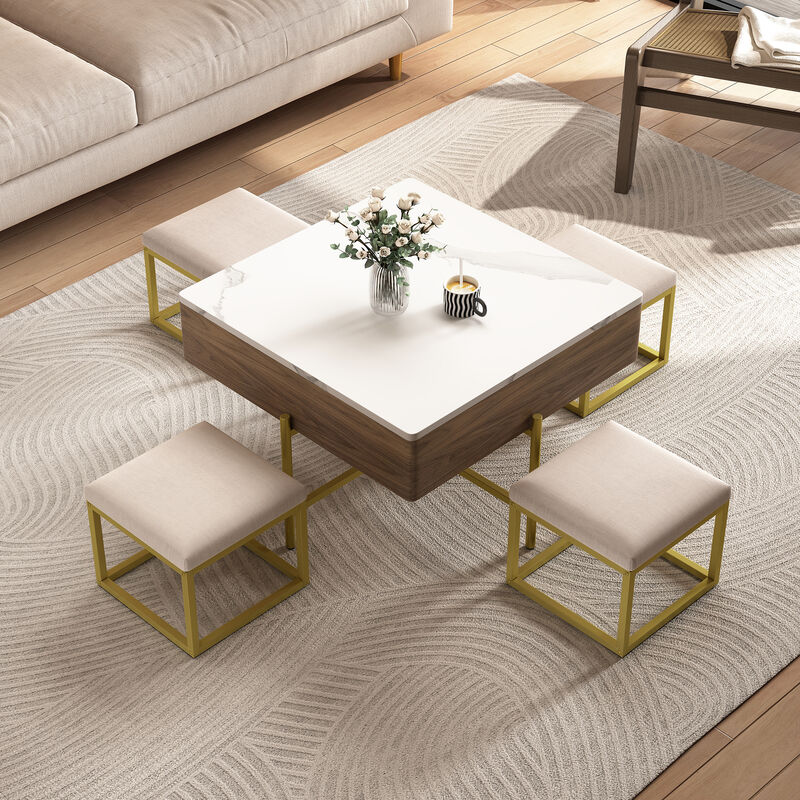 Merax Modern Square Lift-Top Coffee Table with 4 Ottomans Set