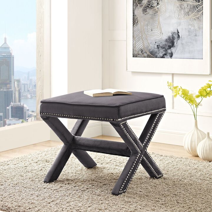 Modway Rivet Upholstered Velvet X-Base Ottoman With Nailhead Trim In Gray