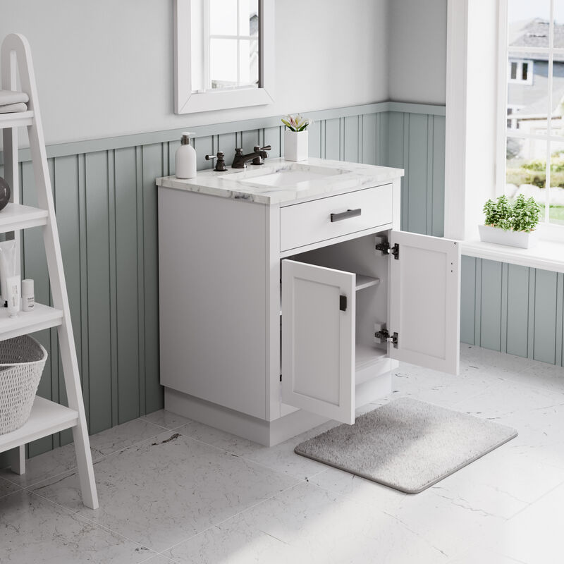 Hartford 30 In. Single Sink Carrara White Marble Countertop Bath Vanity in Pure White