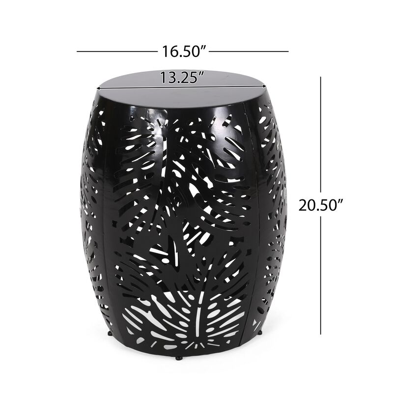 Miami Outdoor End Table Stool, Palm Leaf Pattern, Black Iron, 17 Inch - Benzara