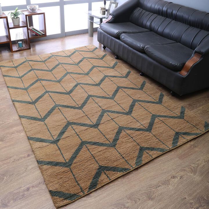 HAND KNOTTED WOOL Geometric AREA RUGS  - 8'x10', Rectangle Shape, Gold Charcoal Color, Geometric Modern, Medium Pile Handmade Area Rugs for Living Room, Bed Room (N01052)