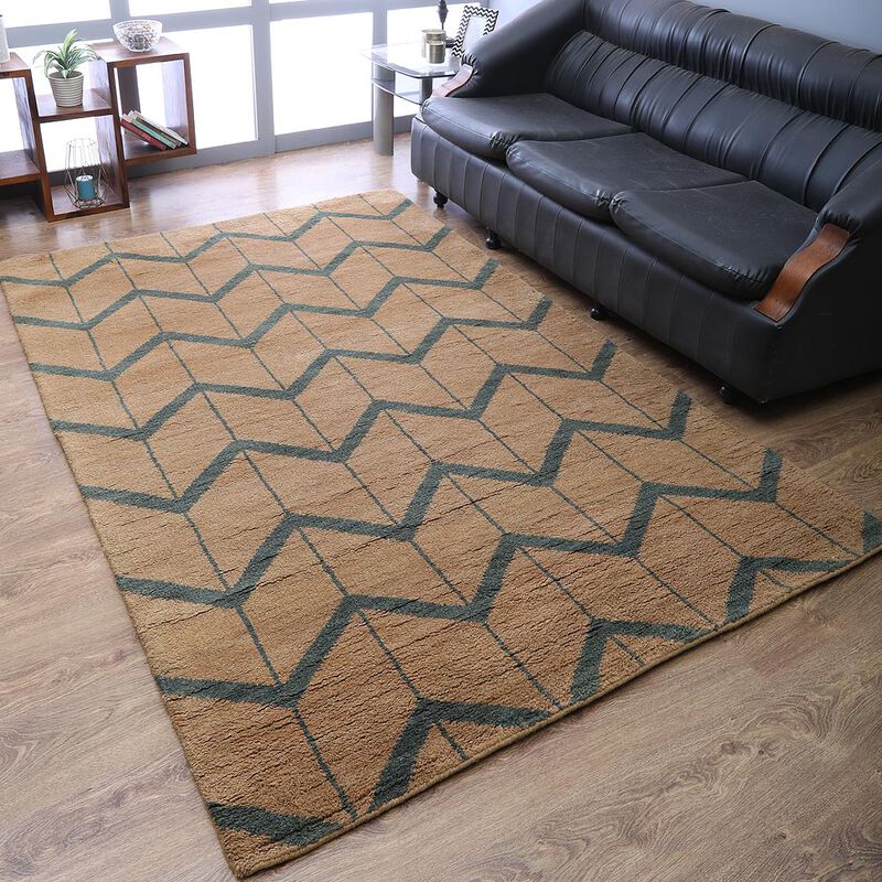 HAND KNOTTED WOOL Geometric AREA RUGS  - 8'x10', Rectangle Shape, Gold Charcoal Color, Geometric Modern, Medium Pile Handmade Area Rugs for Living Room, Bed Room (N01052)