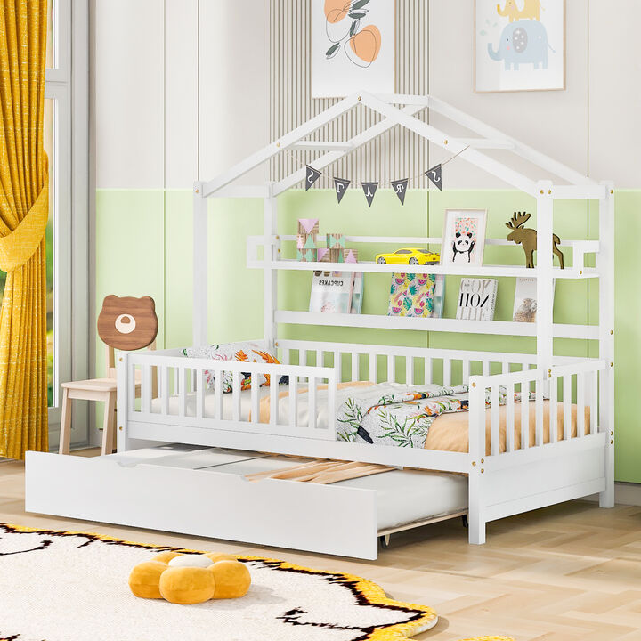 Merax Wooden House Bed with Twin Size Trundle