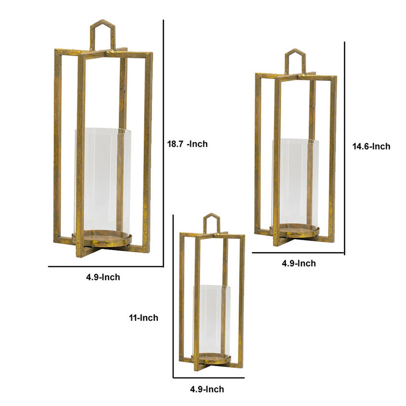 19, 15, 11 Inch Lanterns, Set of 3, Tea Light Glass Holders, Modern, Gold - Benzara
