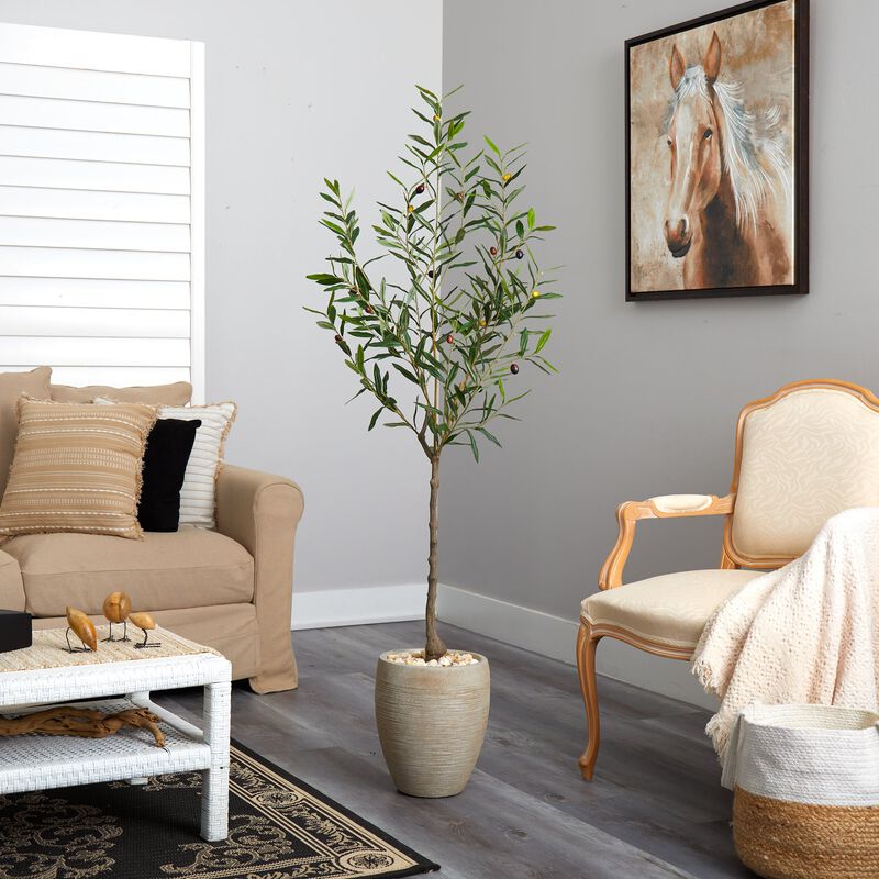 Hivvago 5.5 Feet Olive Artificial Tree in Sand Colored Planter