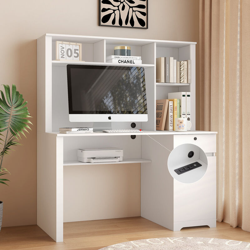 Home Office Desk, Storage Workbench With Charging Station