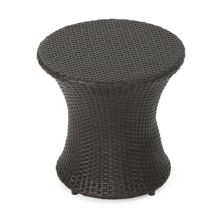 Loco Outdoor Side Table, Hourglass Shape 20 Inch Brown Rattan Wicker - Benzara