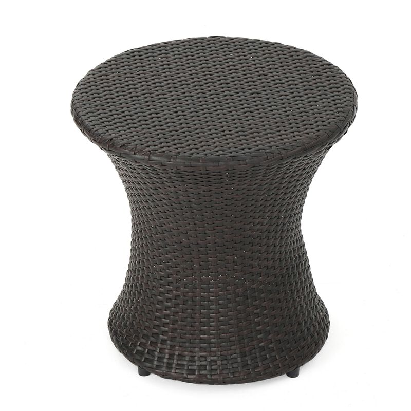 Loco Outdoor Side Table, Hourglass Shape 20 Inch Brown Rattan Wicker - Benzara