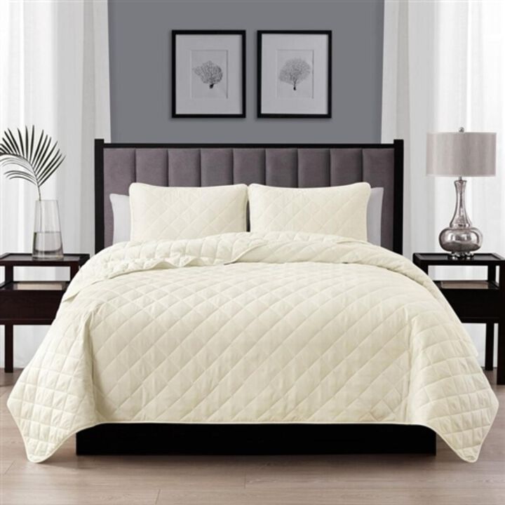 Hivvago King CAL King 3 Piece Ivory Polyester Microfiber Reversible Diamond Quilt Set