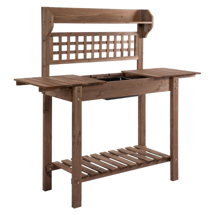 Wooden Garden Station: Potting Bench with Sliding Tabletop and Storage