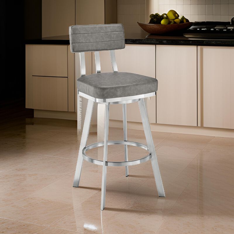 Poni 26 Inch Swivel Counter Stool Chair, Cushioned Seat, Gray Faux Leather - Benzara