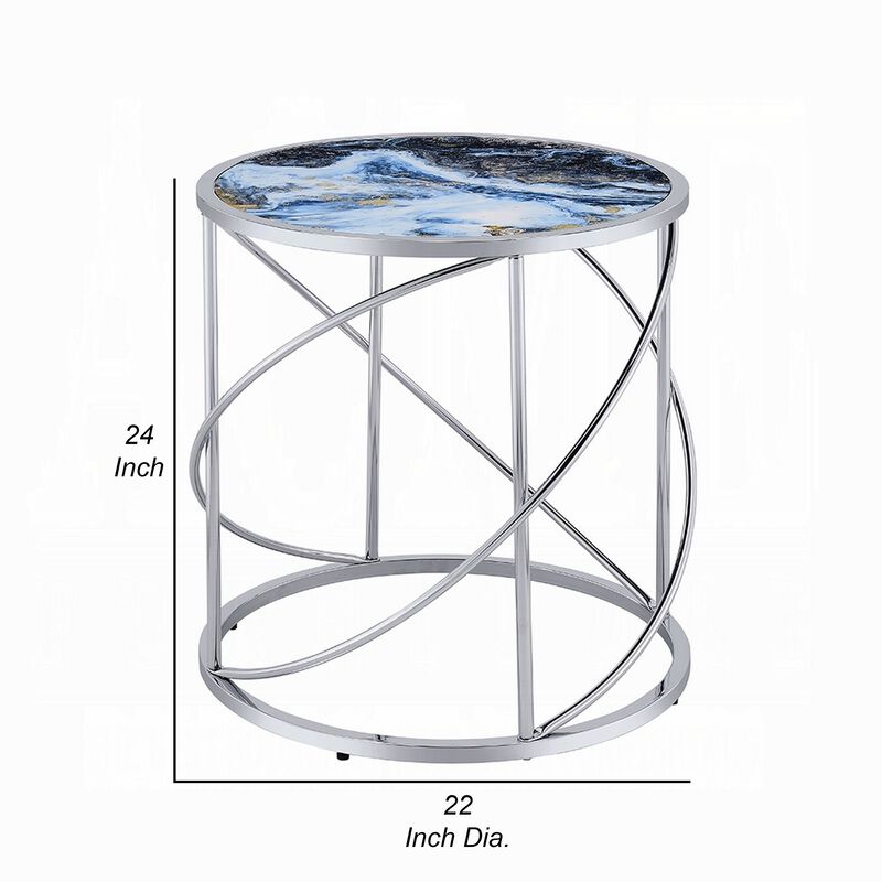 Shira Round Side End Table, 22 Inch, Open Chrome Base Blue Faux Marble - Benzara