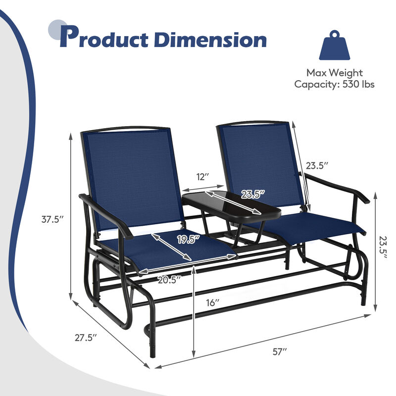 2-Person Double Rocking Loveseat with Mesh Fabric and Center Tempered Glass Table