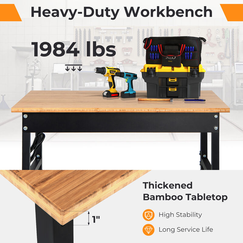 48 Inch Height Adjustable Workbench with Power Outlets and Wheels