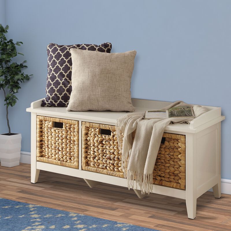 Rectangular Wooden Bench with Storage Basket, White-Benzara