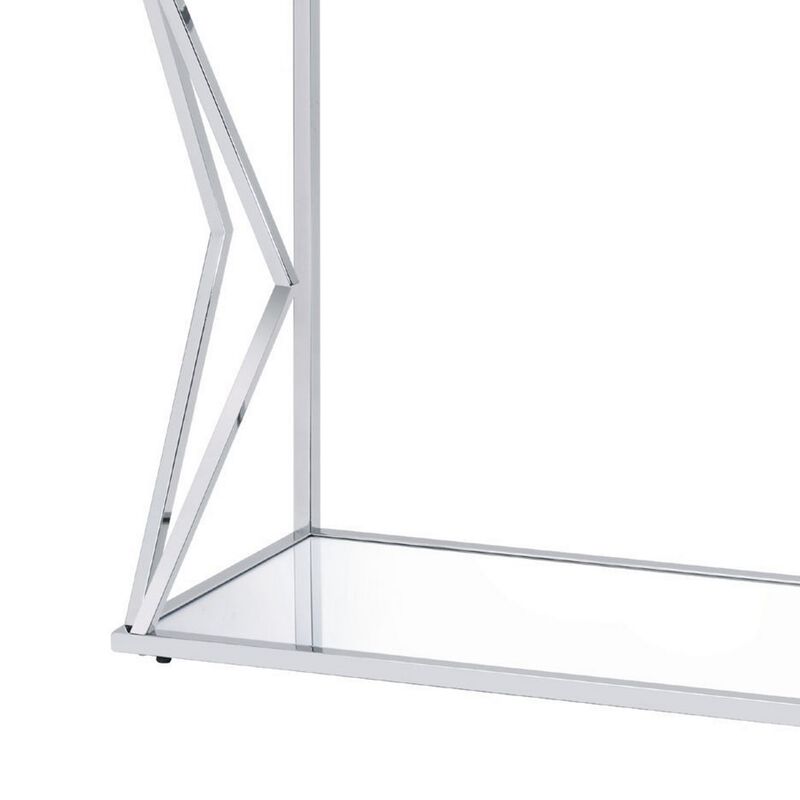 Sofa Table with Glass Top and Bottom Shelf and Geometric Accent, Silver-Benzara