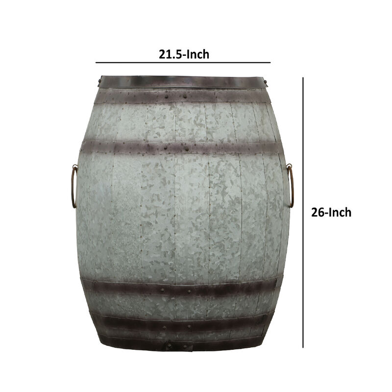 Drum Shape Metal Wine Storage Table with Removable Lid, Rustic Brown and Gray-Benzara