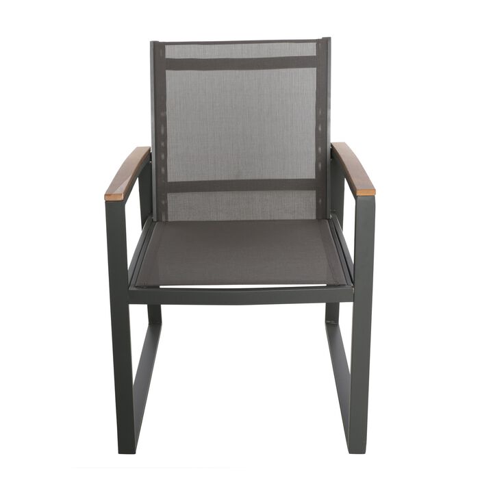 Outdoor Dining Chair Set of 2, Gray Mesh Seat and Brown Faux Wood, Metal