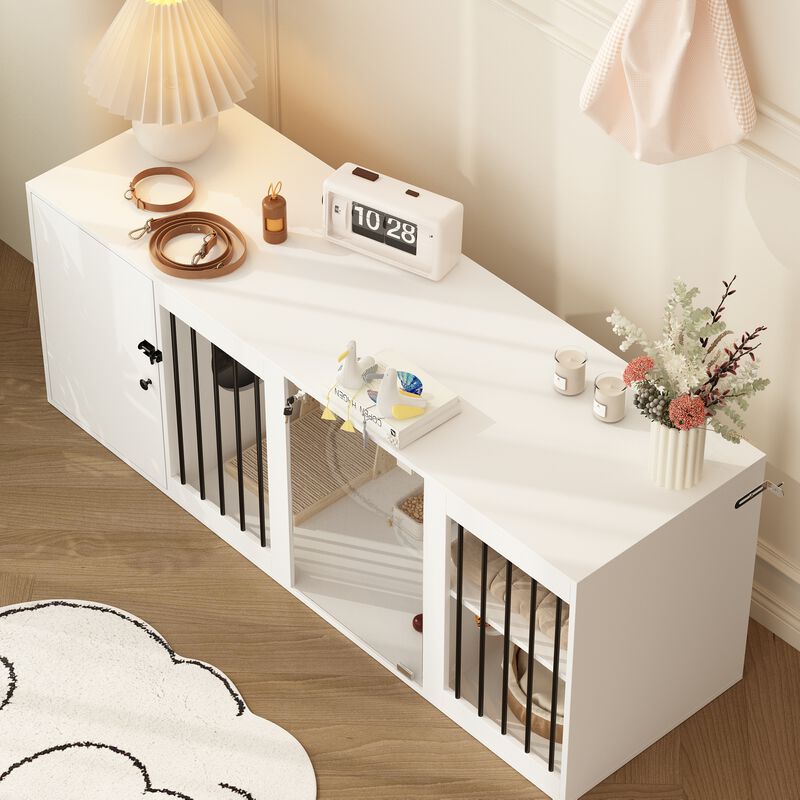 FUFU&GAGA Cat Cabinet, Multi-functional Cat Cage with Litter Box Space, Glass Doors for Easy Viewing, Air Circulation Railing, and Storage, (63" L x 19.7" W x 23.7" H),White