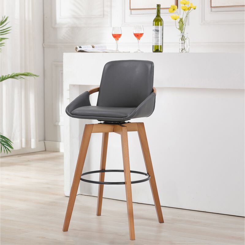30 Inches Leatherette Swivel Barstool, Gray and Brown-Benzara