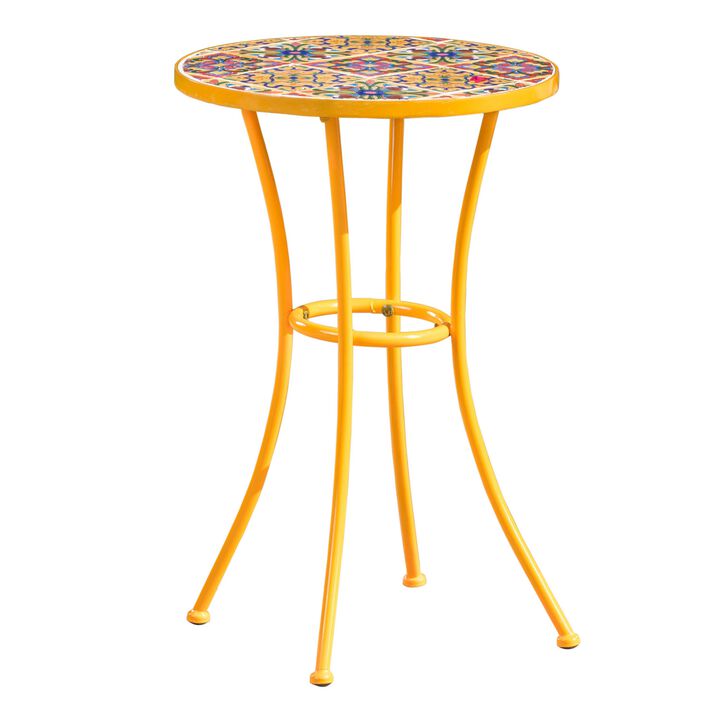 Outdoor Side End Table, 14 Inch Round Yellow Ceramic Tile, Orange Iron - Benzara