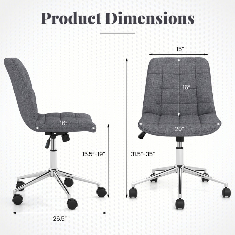 Armless Office Chair Upholstered Makeup Vanity Chair with Adjustable Height and Wheels