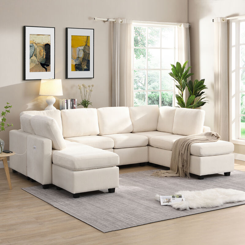 103" Sectional Sofa Couch Sofa Bed U-shaped Sofa with Two Movable Ottoman and Three USB Ports for Living Room, Grey
