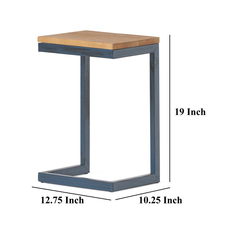 Small Accent End Table, 13 Inch, C Shaped Iron Legs, Black, Brown Wood - Benzara