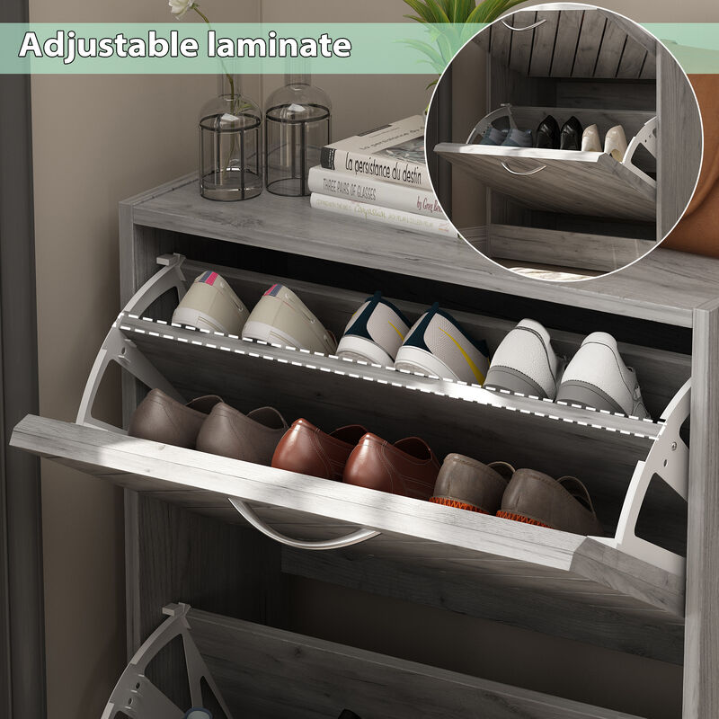 Gray 12-Pair Shoe Storage Cabinet with 2-Drawers and 4-Compartments and Wood Grain