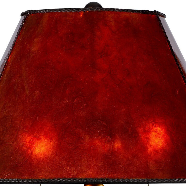 20 Inch Table Lamp, Vintage Red Amber Mica Shade, Upturned Arms, Round Body-Benzara