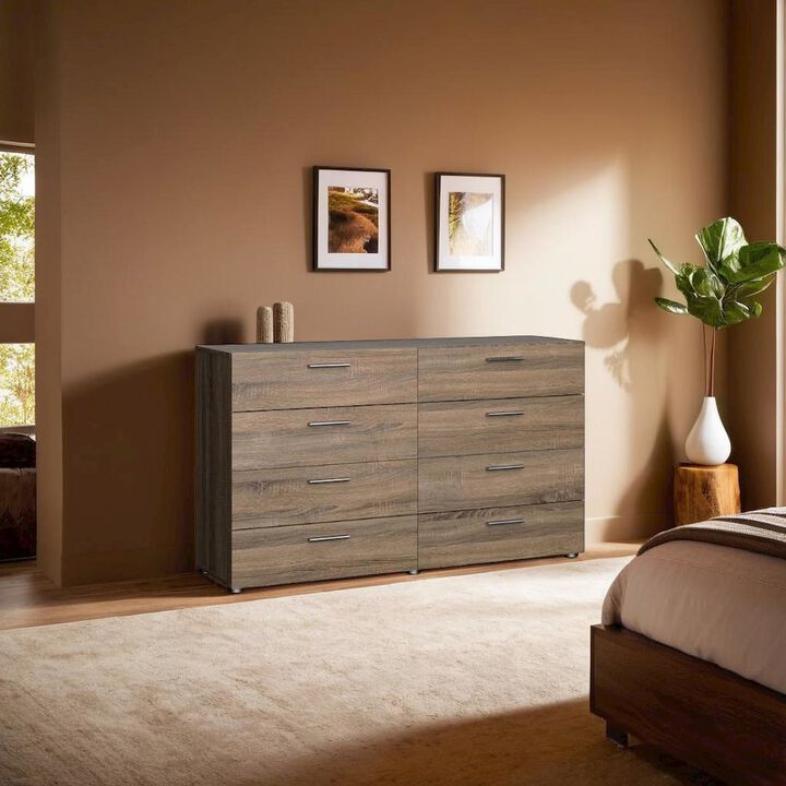 FurniFact Elegant 8 Drawer Dresser in Truffle Oak for Modern Bedroom Storage Solutions