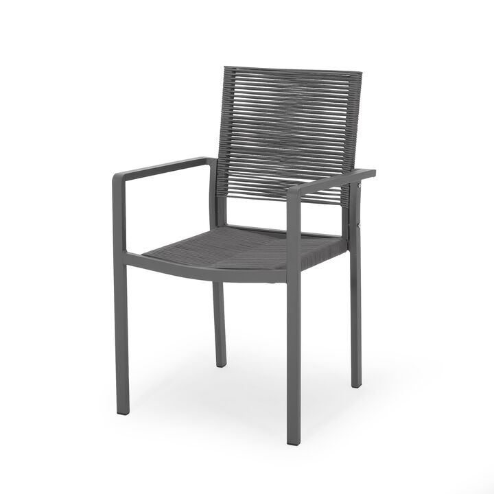 Teny Outdoor Dining Chair Set of 2, Open Back, Woven Rope, Dark Gray Metal - Benzara