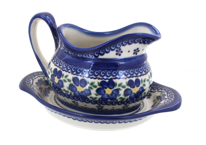 Blue Rose Polish Pottery Garden Butterfly Gravy Boat & Plate