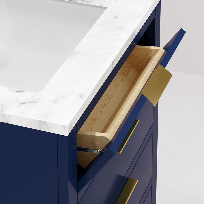 Bristol 24 In. Single Sink Carrara White Marble Countertop Bath Vanity in Monarch Blue