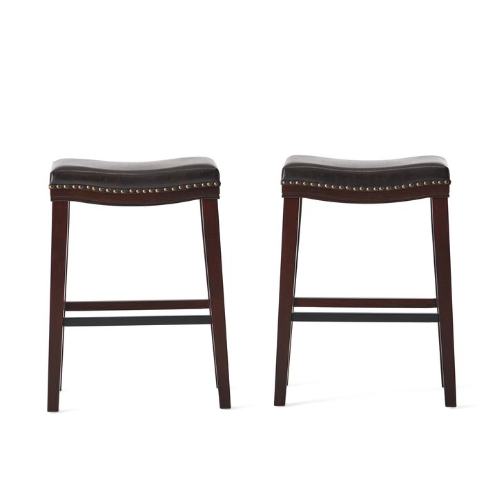 Clare Barstool Set of 2, Black Faux Leather, Nailhead Trim, Dark Brown - Benzara