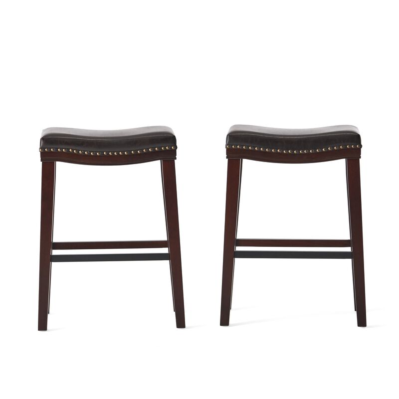 Clare Barstool Set of 2, Black Faux Leather, Nailhead Trim, Dark Brown - Benzara