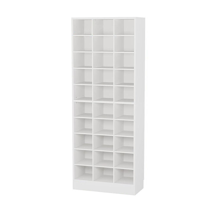 Shoe Cabinet, 10 Tier, White Wood Finish, 30 Open Shelves, 71 Inch - Benzara