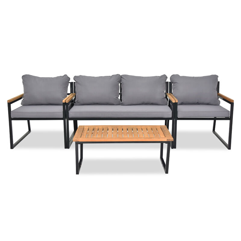 Patio Conversation Set 4-Piece Metal Frame with Acacia Wood Table and Cushions