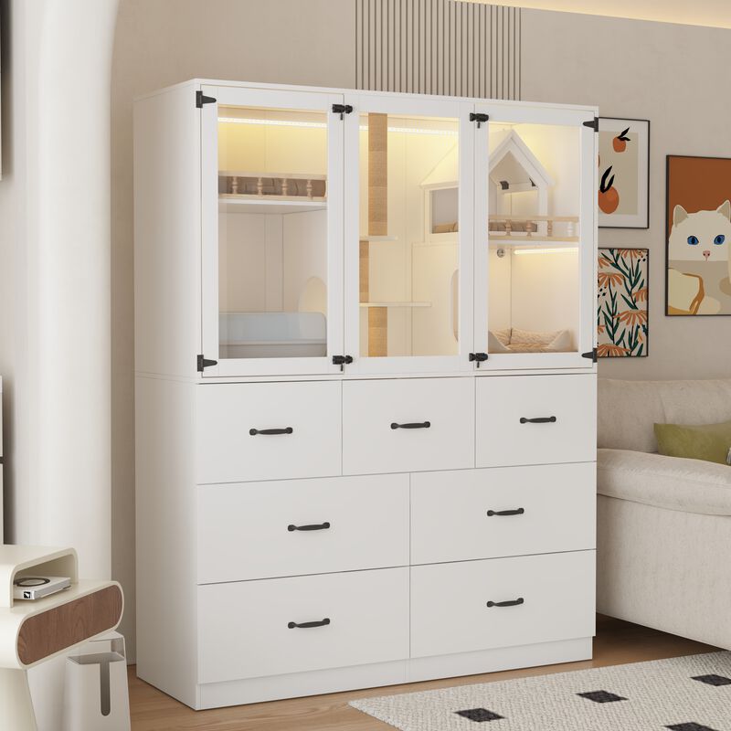 FUFU&GAGA MDF Cat Cabinet with 7 Spacious Drawers, Metal Handles & Lock – Cable Management, Cat Hole, (55" x 19.7" x 70.9"), White
