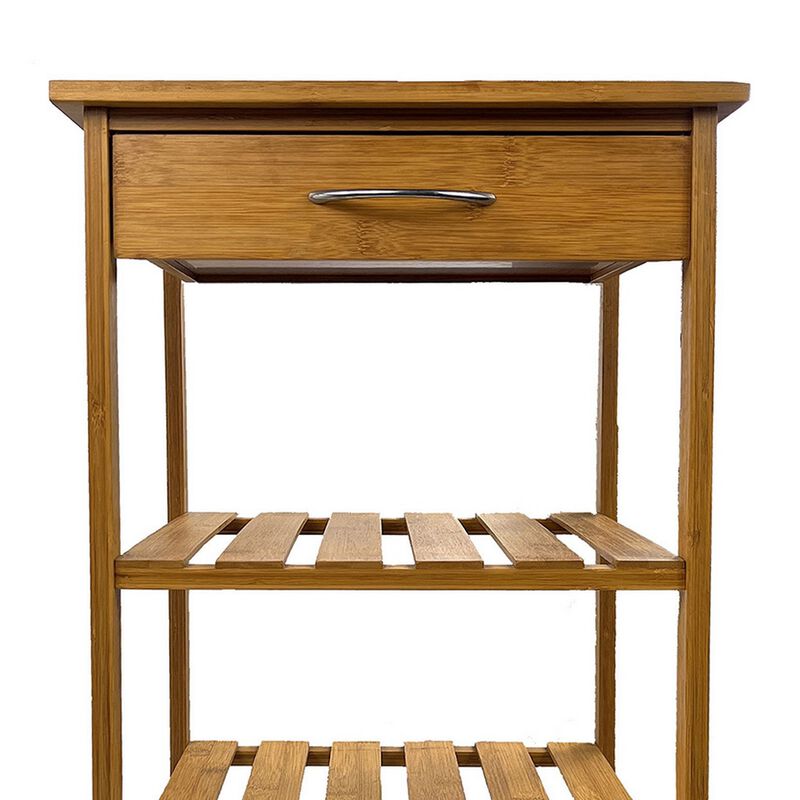 Harry Kitchen Bar Cart, 1 Drawer, 3 Shelves, Brown Bamboo, Rolling Wheels
