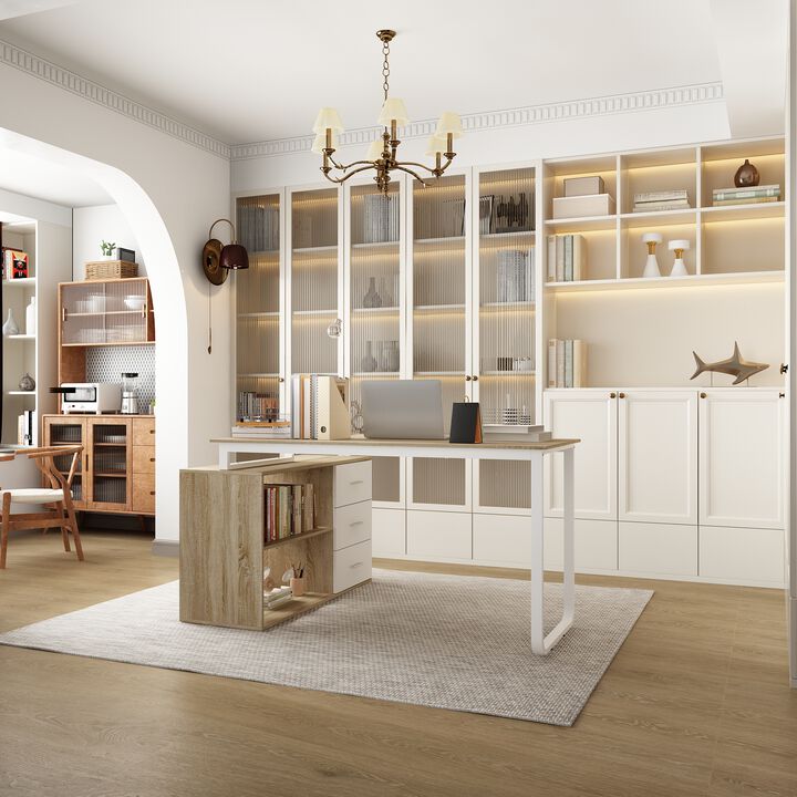 55.1” L-Shaped Desk with Drawers and Shelves, Office Desk Corner Desk with Storage, Computer Desk Craft Desk for Home Office Bedroom