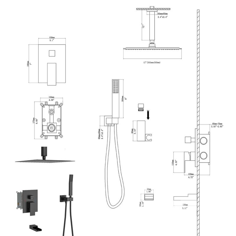 12" Rain Shower Head Systems With Waterfall Tub Spout, Matte, Ceiling Mounted Shower